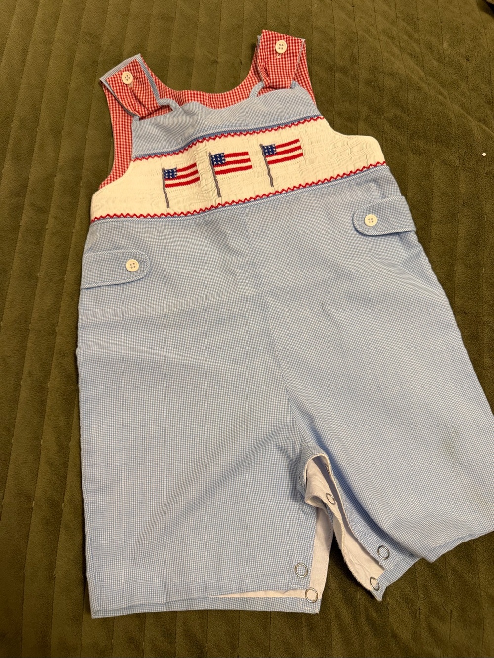 Light Blue Seersucker American Flag Smocked Shortall for Kids
